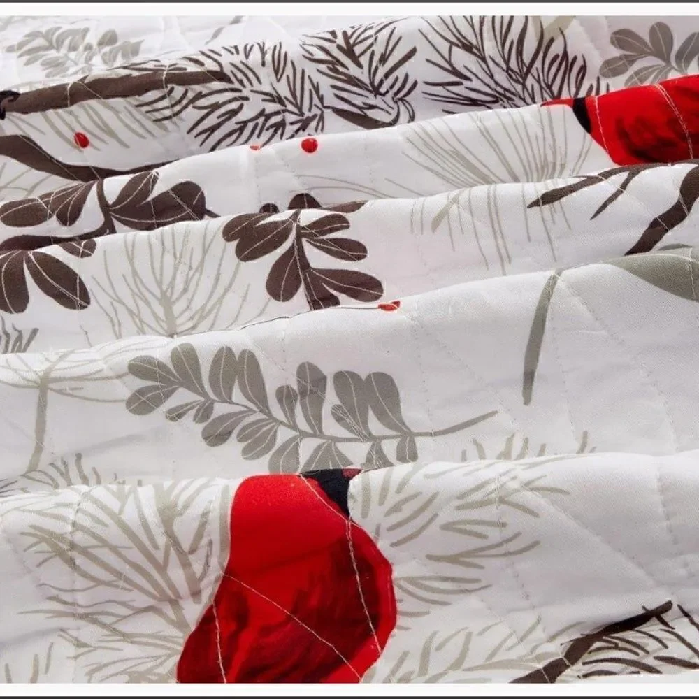 NEW! Red Cardinals Farmhouse Printed QUEEN Quilt Set with matching Tote Boho
